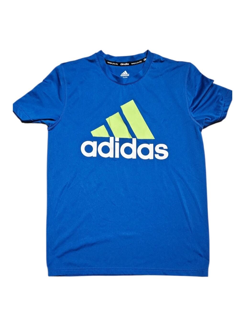 Adidas Climalite Boys T-Shirt L 16 Blue Neon Logo Athletic Tee Dri-Fit